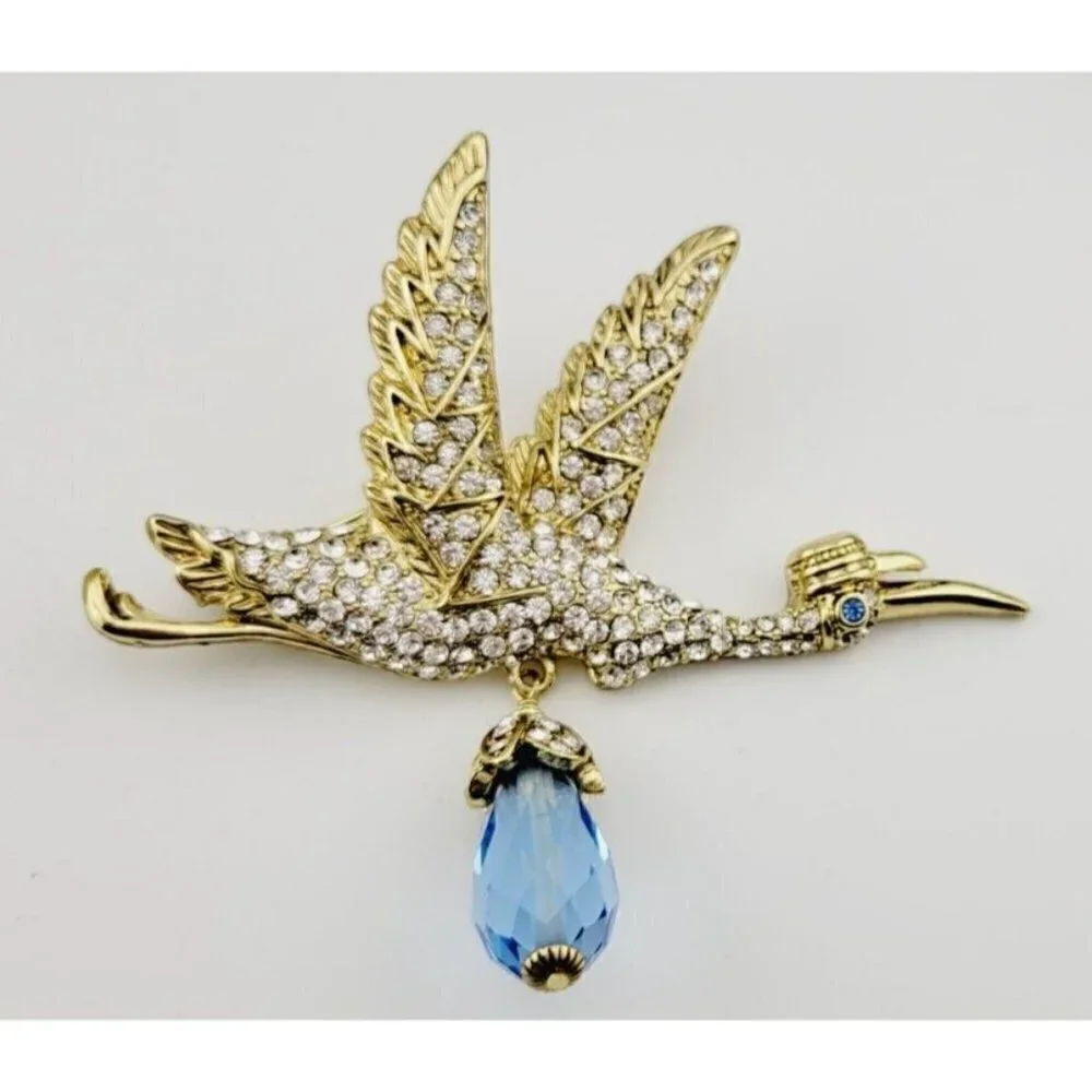 Heidi Daus Special Delivery Crystal Stork Brooch Gold Tone Blue